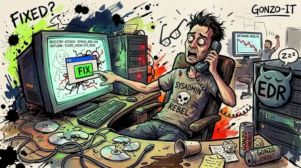 Eine chaotische, im Gonzo-Illustrationsstil gehaltene IT-Horrorszene: Ein verzweifelter Systemadministrator. Im Hintergrund ein Bildschirm mit der Aufschrift „FIX“, Der Raum ist übersät mit „Gonzo Energy“-Dosen, kaputten CDs und einem schlafenden „EDR“-Dämon inmitten von ausgelaufener Tinte und technischem Müll. Diverse Textelemente unterstreichen den infrastrukturellen Kollaps.