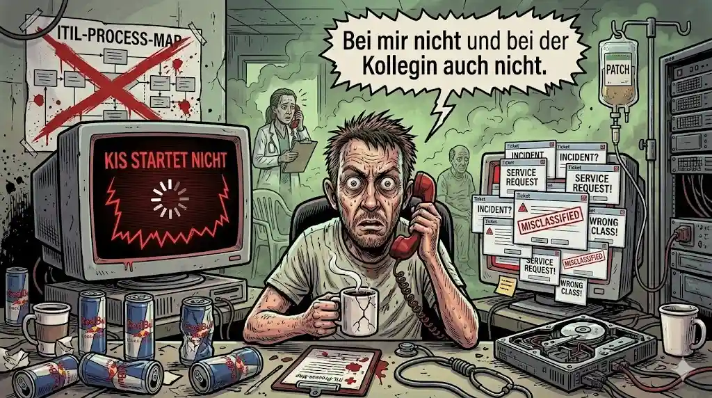 Gonzo-Comic-Illustration eines gestressten IT-Admins im Krankenhaus beim Systemausfall. Im Vordergrund sitzt der übermüdete Admin mit aufgerissenen Augen am Schreibtisch, hält ein rotes Hotline-Telefon und eine Kaffeetasse. Links zeigt ein Röhrenmonitor die rote Anzeige ‘KIS STARTET NICHT’ mit Ladesymbol; rechts stapeln sich chaotisch Ticket-Pop-ups mit ‘INCIDENT’, ‘SERVICE REQUEST’ und ‘MISCLASSIFIED’-Stempeln. An der Wand hängt eine durchgestrichene ‘ITIL-PROCESS-MAP’. Auf dem Tisch liegen leere Energy-Dosen, eine zerlegte Festplatte und ein Stethoskop als Schlinge. Im verrauchten Hintergrund sieht man eine Aufnahme-Sekretärin am Telefon, einen wartenden Patienten und einen Infusionsständer mit einem ‘PATCH’-Beutel an einem Server-Rack. Eine große Sprechblase oben textet: ‘Bei mir nicht und bei der Kollegin auch nicht.’
