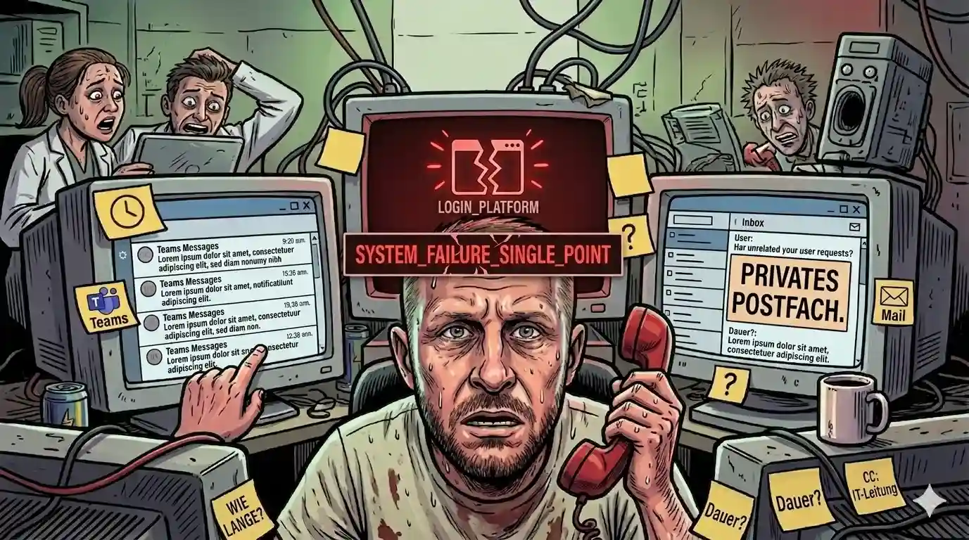 Eine dramatische Comic-Illustration im Gonzo-Stil, die einen gestressten IT-Spezialisten im Zentrum eines Systemausfalls zeigt. Im Vordergrund schaut der verschwitzte Admin mit aufgerissenen Augen direkt den Betrachter an, während er ein altmodisches Telefon an sein Ohr hält. Hinter ihm zeigt ein großer Röhrenmonitor ein rotes, zerbrochenes Kettensymbol mit der Aufschrift „LOGIN_PLATFORM“, überlagert von einem Balken mit dem Text „SYSTEM_FAILURE_SINGLE_POINT“. Flankiert wird er von zwei weiteren Monitoren: Links sind überquellende Nachrichten im Teams-Interface zu sehen, rechts ein E-Mail-Postfach mit dem großen Schriftzug „PRIVATES POSTFACH.“. Im Hintergrund geraten Krankenhausmitarbeiter in Laborkitteln in Panik, während Klebezettel mit Fragen wie „WIE LANGE?“ und „Dauer?“ auf den Bildschirmen kleben. Die Szene ist von dichtem Rauch und einer chaotischen, grünen Studio-Atmosphäre geprägt.